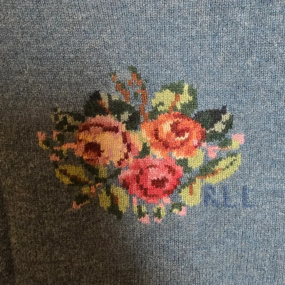 Lauren Ralph Lauren Blue 100% Lambswool Floral Intarsia Scallop Trim Sweater 1X